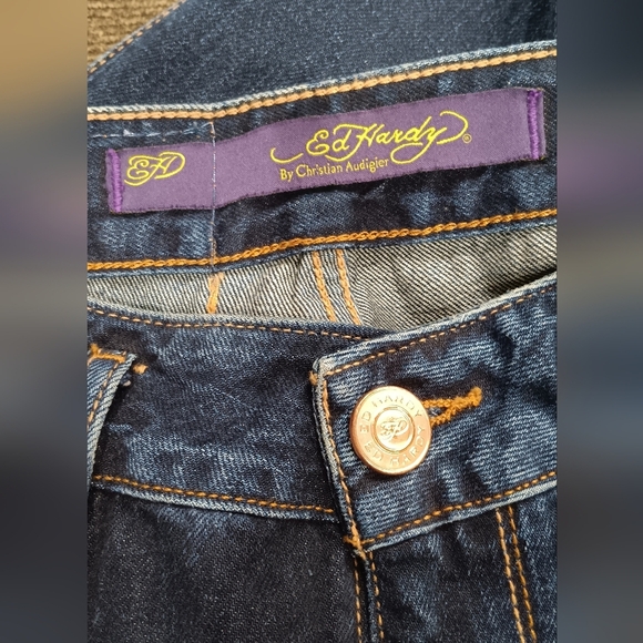 Ed Hardy Blue Dark Wash Ripped Boyfriend Denim Jeans Women's 32x30 SUPERB CONDIT - Picture 4 of 12